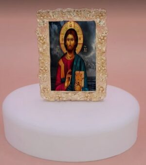μπομπονιέρα βάπτισης βότσαλο με εικόνα χριστού