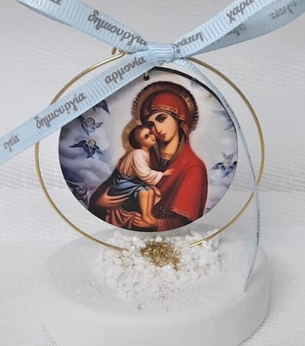 Εικόνα Παναγία ξύλινη τυπωμένη Σε Βότσαλο και κύκλο Μπομπονιέρα Βάπτισης-Γάμου Με 5 Κλασσικά Κουφέτα σε προσφορά