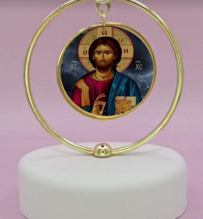 μπομπονιέρα βάπτισης σε βότσαλο κύκλο με εικόνα χριστούλης