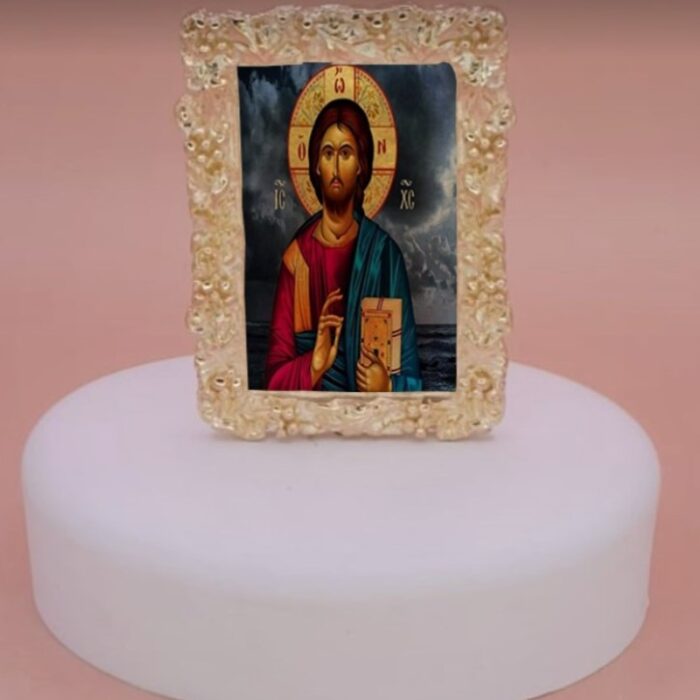 εικόνα άγιοι σε βότσαλο μπομπονιέρα βάπτισης-γάμου με 5 κλασσικά κουφέτα σε προσφορά