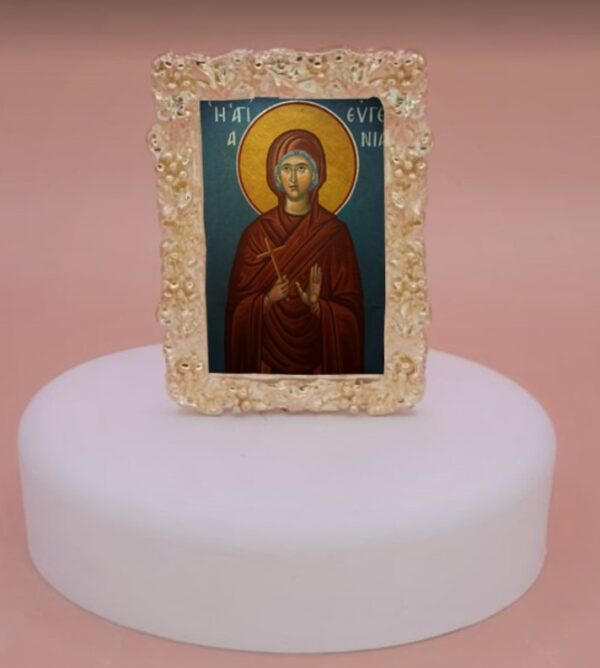 εικόνα άγιοι σε βότσαλο μπομπονιέρα βάπτισης-γάμου με 5 κλασσικά κουφέτα σε προσφορά