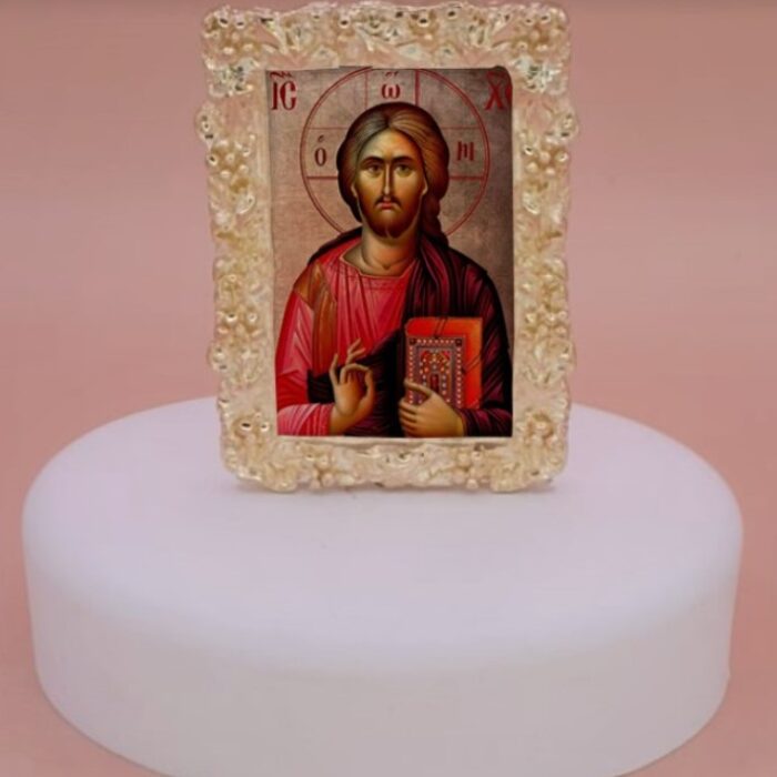 εικόνα άγιοι σε βότσαλο μπομπονιέρα βάπτισης-γάμου με 5 κλασσικά κουφέτα σε προσφορά